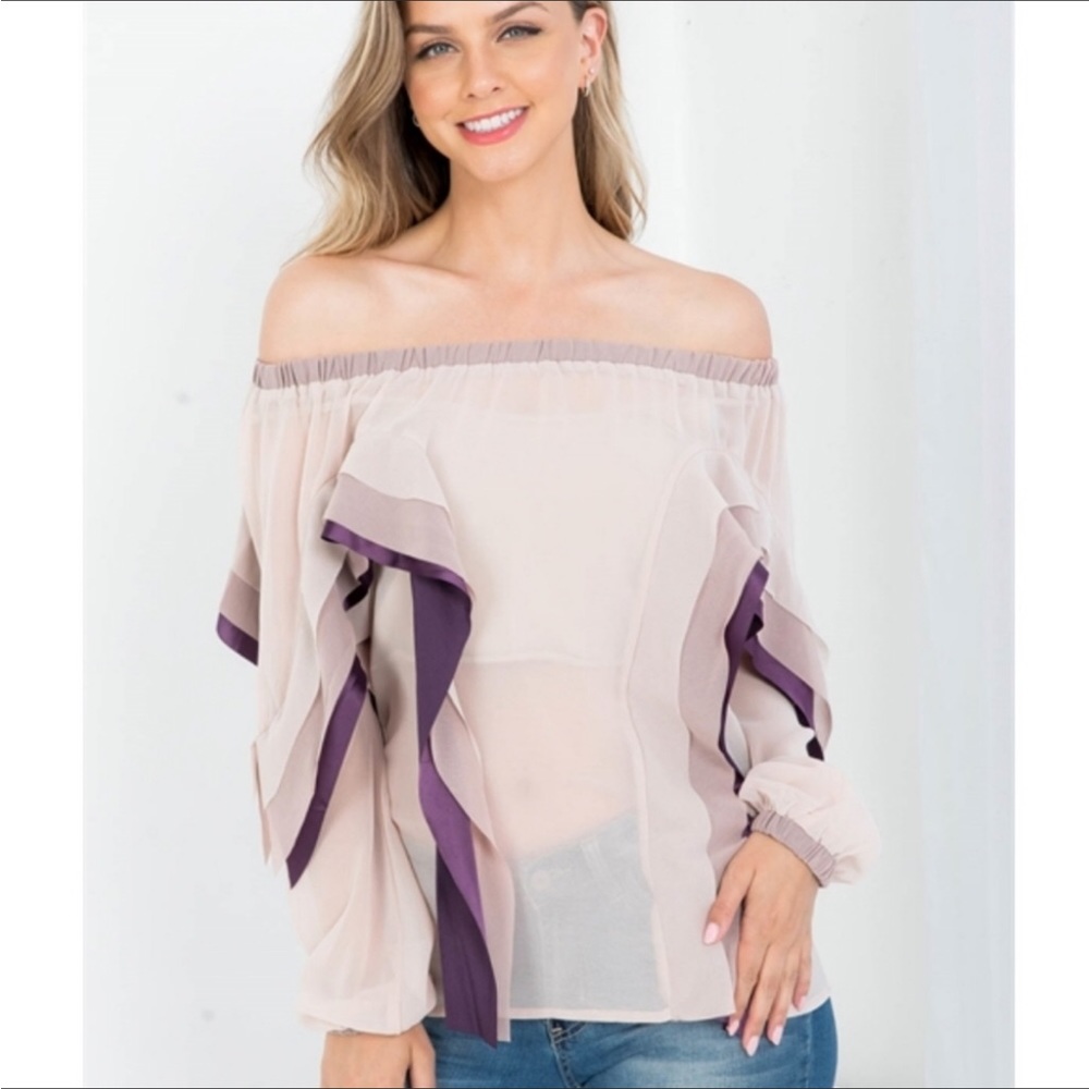 NWOT, M, Ryu, purple, sheer, off shoulders blouse